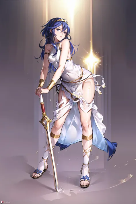 Lucina \(fire emblem\), ((high resolution, masterpiece, ultra-detailed illustration:1.2)), girl, solo, fantasy, detailed skin, blue hair, blue eyes, ((white dress, short dress, bare shoulders, no underwear:1.5)), standing, detailed eyes, detailed pupils, marked eyelashes, bold eyebrows, long hair, detailed hair, thicc:1.5, thicc hips, thin waist, muscular legs:1.5, thicc breast:1.5, ((strap sandals)), ((milf, mature face:1.2)), glossy lips, detailed lips, real lips, (looks like 28 years old girl), dynamic angle camera, sexy pose, view from above:1.5, ultra detailed face, flowers, Golden bracelet on arm, (falshion sword)