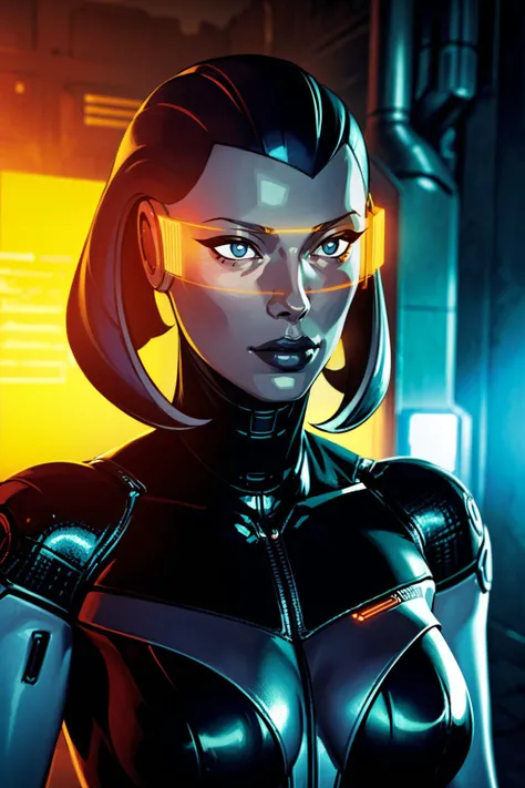 (best quality, masterpiece, perfect face) <lora:Edi-10:0.7> Edi, female, woman robot, holographic orange glasses, cyberpunk glass wall, cyborg shop, criminal underworld, neon lights, red, dangerous atmosphere,<lyco:EnvyBeautyMix29:0.3> <lora:add_detail:0.7> (hyper realism, soft light, dramatic light, sharp, HDR)