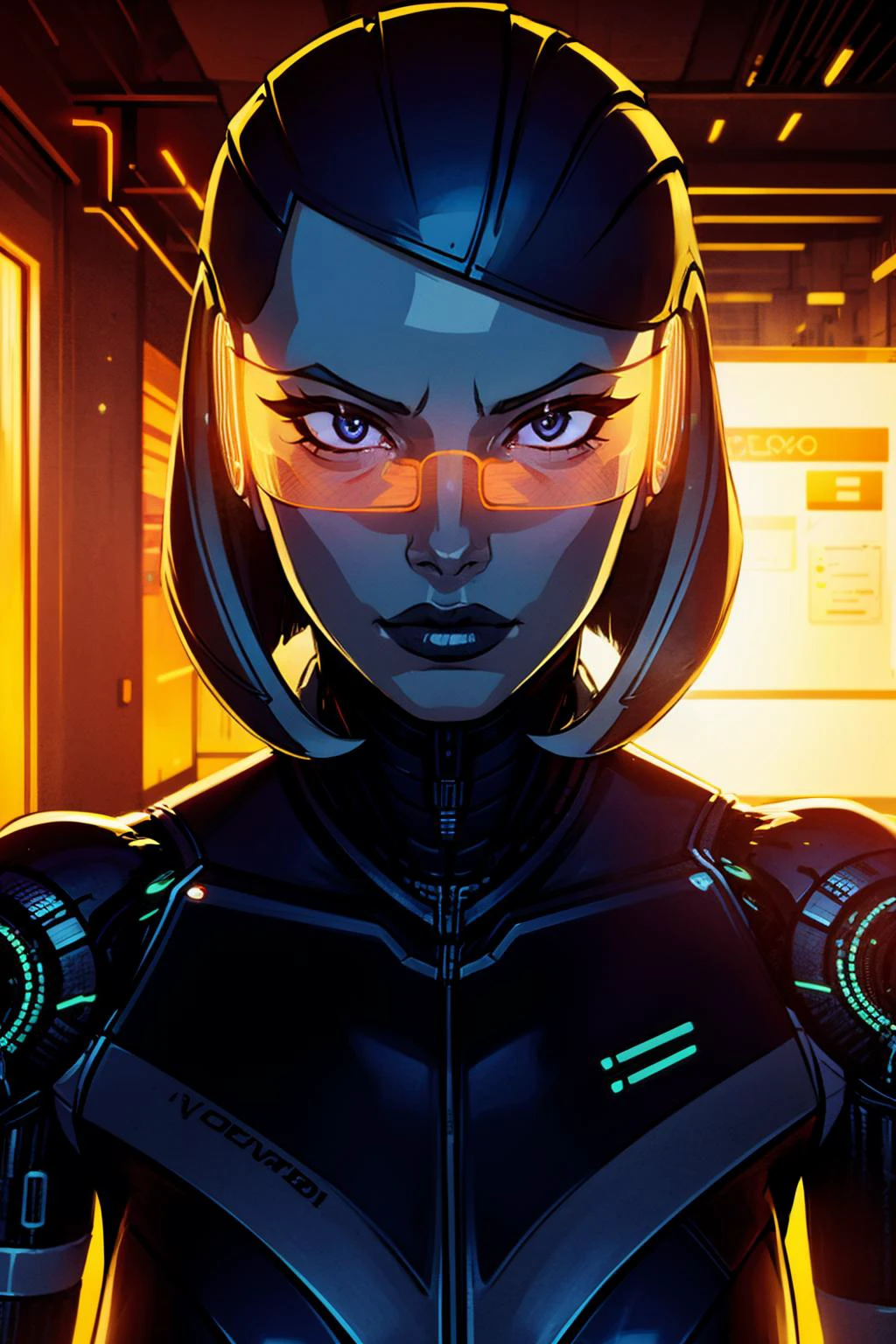 (best quality, masterpiece, perfect face) <lora:Edi-10:0.7> Edi, female, woman robot, holographic orange glasses, cyberpunk glass wall, cyborg shop, criminal underworld, neon lights, red, dangerous atmosphere,<lyco:EnvyBeautyMix29:0.3> <lora:add_detail:0.7> (hyper realism, soft light, dramatic light, sharp, HDR)