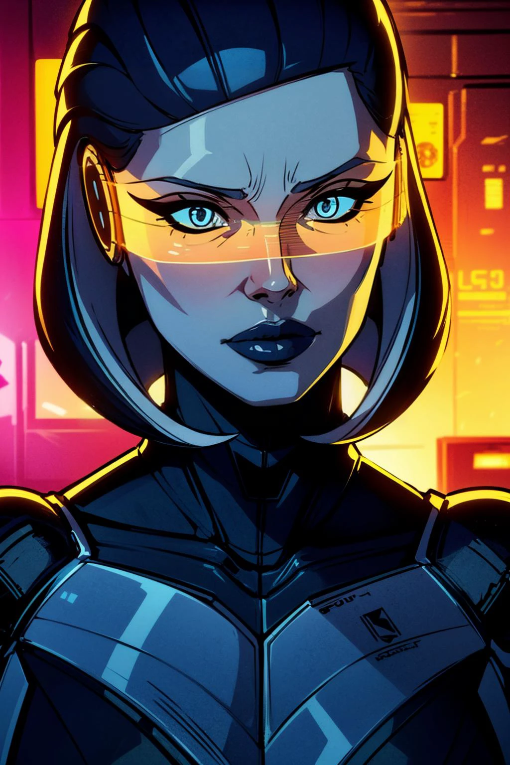 (best quality, masterpiece, perfect face) <lora:Edi-10:0.7> Edi, female, woman robot, holographic orange glasses, cyberpunk glass wall, cyborg shop, criminal underworld, neon lights, red, dangerous atmosphere,<lyco:EnvyBeautyMix29:0.3> <lora:add_detail:0.7> (hyper realism, soft light, dramatic light, sharp, HDR)