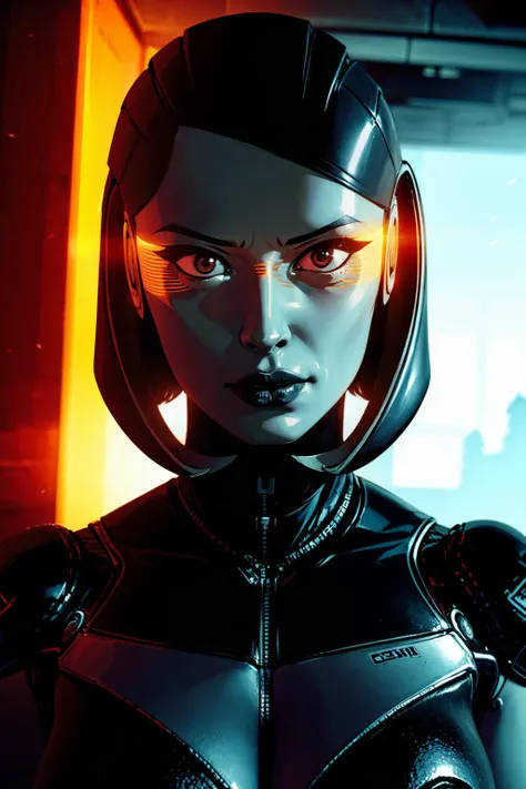 (best quality, masterpiece, perfect face) <lora:Edi-10:0.7> Edi, female, woman robot, holographic orange glasses, cyberpunk glass wall, cyborg shop, criminal underworld, neon lights, red, dangerous atmosphere,<lyco:EnvyBeautyMix29:0.3> <lora:add_detail:0.7> (hyper realism, soft light, dramatic light, sharp, HDR)