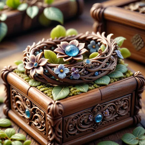 HDR photo of wood scales ring system,sharp,gemstone,sharp,cosmic,(druidic vine and flower ring:1.2),miniature,tiltshift,macro product display,ornate wooden box with engraved leaves solo,dvrscls,druidic,mecha,hyperdetailed,maximum fidelity,quality,cinematic,subsurface scattering,maximal attention to correctness and detail,epic,magnificent,wondrous,<lora:DeverScalesXL:1>,dvrscls, . High dynamic range