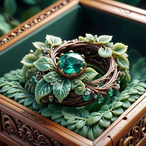 HDR photo of emerald scales ring system,sharp,gemstone,sharp,cosmic,(druidic vine and flower ring:1.2),miniature,tiltshift,macro product display,ornate wooden box with engraved leaves solo,dvrscls,druidic,mecha,hyperdetailed,maximum fidelity,quality,cinematic,subsurface scattering,maximal attention to correctness and detail,epic,magnificent,wondrous,<lora:DeverScalesXL:1>,dvrscls, . High dynamic range