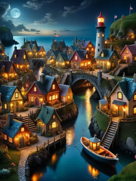dvrscls , A whimsical scene of a dvrscls fairy village at night, with tiny habor, fishing boats, a lighthouse, houses, bridges, and gardens all intricately detailed in scales of all colors and textures, smoke from chimneys, buildings with ethereal lights, dark, atmospheric, dynamic, cinematic, masterpiece, intricate, hdr. <lora:dvrscls:1> <lora:EnvyBetterHiresFixXL01:0:hr=1>