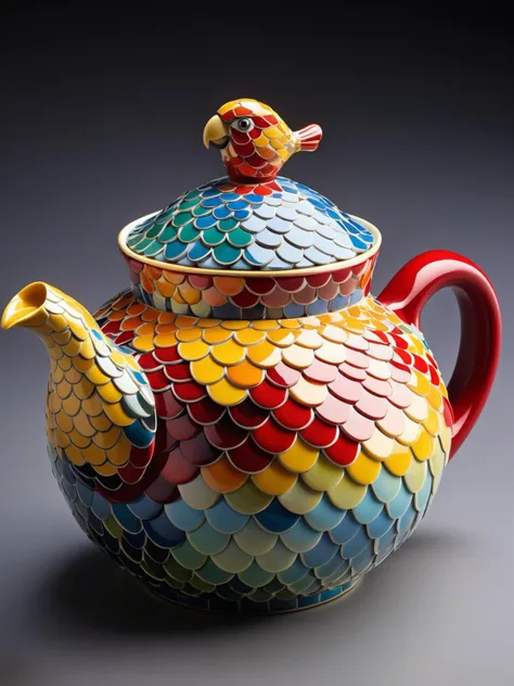 Dvrscls, A whimsical teapot that whistles with the chirps of birds, its surface a mosaic of colorful parrot dvrscls scales <lora:dvrscls:0.8><lora:EnvyBetterHiresFixXL01:0:hr=1>