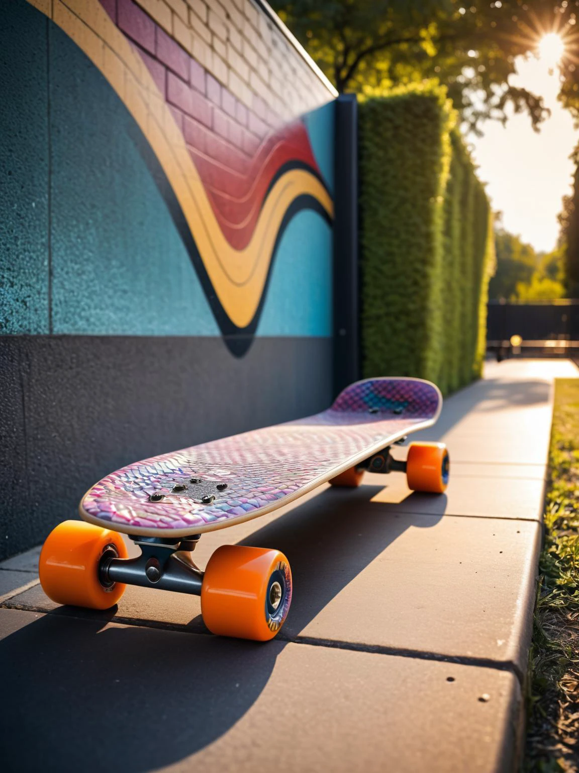 Dvrscls, A skateboard against a wall city park, the deck a cool blend of textures and colors all in dvrscls scales <lora:dvrscls:0.85><lora:EnvyBetterHiresFixXL01:0:hr=1>