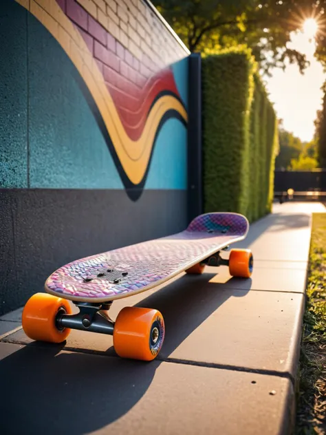 Dvrscls, A skateboard against a wall city park, the deck a cool blend of textures and colors all in dvrscls scales <lora:dvrscls:0.85><lora:EnvyBetterHiresFixXL01:0:hr=1>