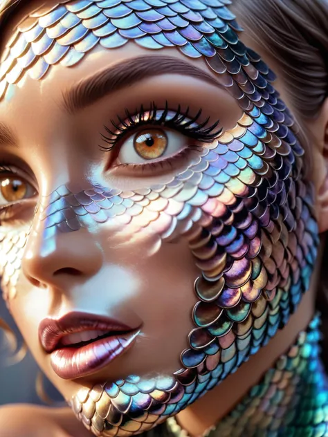 beautiful young woman covered in iridescent scales,face close up,monroe,bob cut,,,Warm Brown lipstick,Gray eyes,<lora:DeverScalesXL:1>,dvrscls,