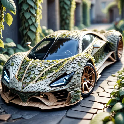 HDR photo of skeletonized concept hypercar made of vines scales,sharp,gemstone,cosmic,miniature,tiltshift,macro product display,intricate laser engraving,dvrscls,druidic,hyperdetailed,maximum fidelity,quality,cinematic,subsurface scattering,maximal attention to correctness and detail,epic,magnificent,wondrous,<lora:DeverScalesXL:1>,dvrscls, . High dynamic range