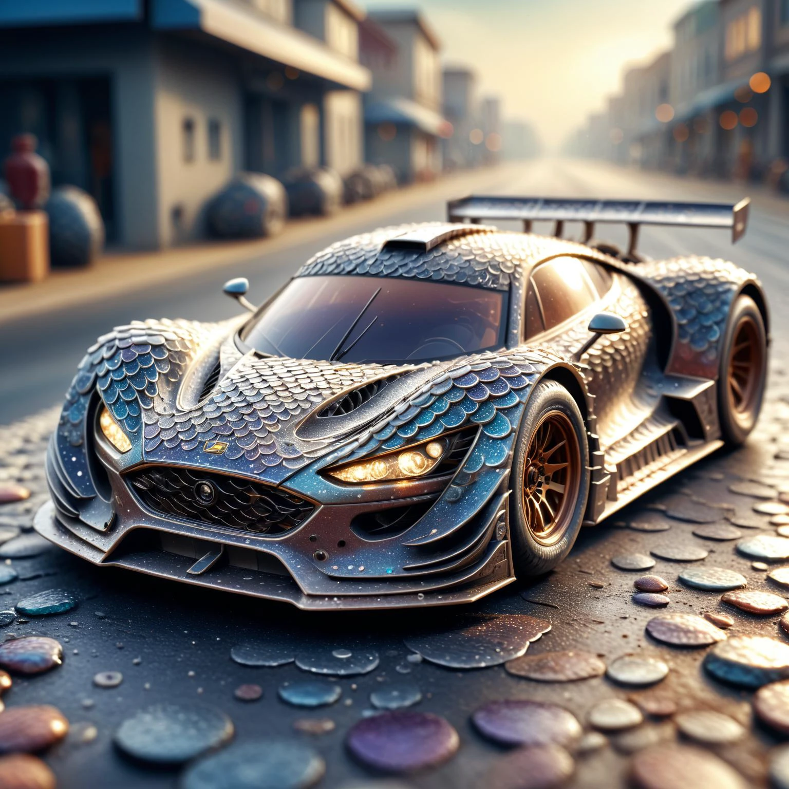 HDR photo of racecar made of cosmic dust scales,sharp,gemstone,cosmic,miniature,tiltshift,macro product display,intricate laser engraving,dvrscls,druidic,mecha,hyperdetailed,maximum fidelity,quality,cinematic,subsurface scattering,maximal attention to correctness and detail,epic,magnificent,wondrous,<lora:DeverScalesXL:1>,dvrscls, . High dynamic range