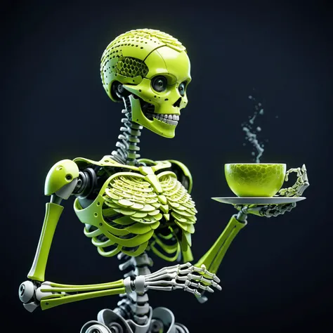 professional 3d model female android mechanical skeleton made of lime slice scales,pitch black dark background,[giant teacup:woman:8],abstract,[muted colors:vivid colors:8],sharp,tiltshift,hyperdetailed,maximum fidelity,quality,cinematic,subsurface scattering,maximal attention to correctness and detail,epic,magnificent,wondrous,<lora:DeverScalesXL:0.5>,dvrscls, . octane render