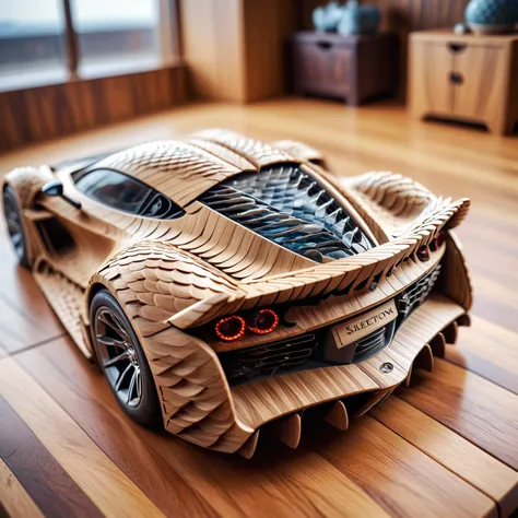 HDR photo of skeletonized concept hypercar made of wood scales,sharp,gemstone,cosmic,miniature,tiltshift,macro product display,intricate laser engraving,dvrscls,druidic,mecha,hyperdetailed,maximum fidelity,quality,cinematic,subsurface scattering,maximal attention to correctness and detail,epic,magnificent,wondrous,<lora:DeverScalesXL:1>,dvrscls, . High dynamic range