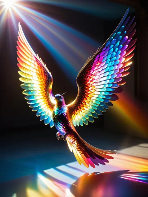 A dvrscls prism refracting a beam of sunlight, splitting it into a spectrum of vibrant colors, each color embodied by a hovering, ethereal creature with wings composed of shimmering hexagonal scales. <lora:dvrscls:1> , <lora:EnvyBetterHiresFixXL01:0:hr=1>