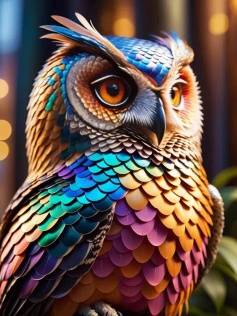 Dvrscls, A stunning owl with feathers made of dvrscls scales in a glittering array of colors, staring intently at the viewer as if it were prey <lora:dvrscls:0.9><lora:EnvyBetterHiresFixXL01:0:hr=1>