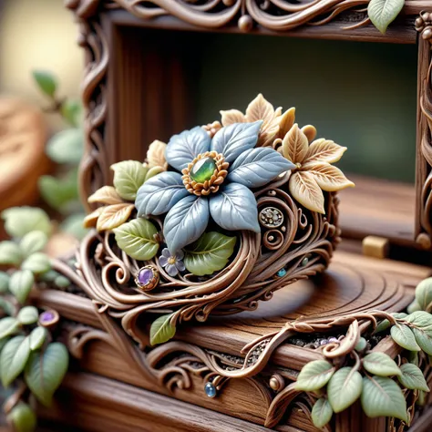 HDR photo of wood scales ring system,sharp,gemstone,sharp,cosmic,(druidic vine and flower ring:1.2),miniature,tiltshift,macro product display,ornate wooden box with engraved leaves solo,dvrscls,druidic,mecha,hyperdetailed,maximum fidelity,quality,cinematic,subsurface scattering,maximal attention to correctness and detail,epic,magnificent,wondrous,<lora:DeverScalesXL:1>,dvrscls, . High dynamic range