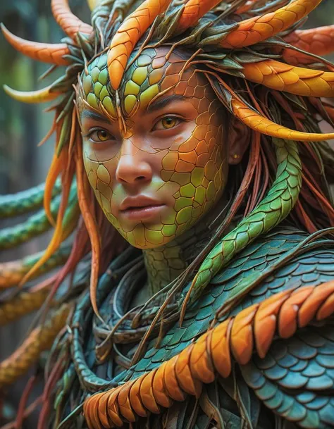 cinematic film still This stunning portrait showcases a beautiful young woman, human dragon hybrid, extreme close-up, covered in green multicolored matte scales as skin, striking orange yellow reptilian eyes, dragon horns. Despite being bald except a braided auburn pony tail, she exudes confidence and strength, her expression conveying a sense of power and determination. dvrscls, style of (Will Murai:1.2) and (Greg Rutkowski:0.8), . shallow depth of field, vignette, highly detailed, high budget, bokeh, cinemascope, moody, epic, gorgeous, film grain, grainy, <lora:dvrscls:0.5>