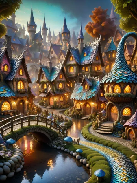 dvrscls , A whimsical scene of a dvrscls fairy village covered in scales, with a stream, a bakery, houses, bridges, and gardens all intricately made of scales of all colors and textures, smoke from chimneys, buildings with ethereal lights, atmospheric, dynamic, cinematic, masterpiece, intricate, hdr. <lora:dvrscls:1> <lora:quality1:0:hr=1>