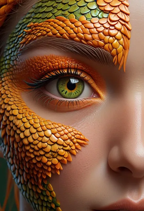 breathtaking This stunning young woman, human dragon hybrid, extreme close-up, covered in green multicolored matte scales as skin, striking orange yellow reptilian eyes, dragon horns. Despite being bald except a braided auburn pony tail, she exudes confidence and strength, her expression conveying a sense of power and determination. dvrscls,style of Don Lawrence, style of (Will Murai:1.2), style of (Greg Rutkowski:0.8), <lora:dvrscls:0.5>, . award-winning, professional, highly detailed