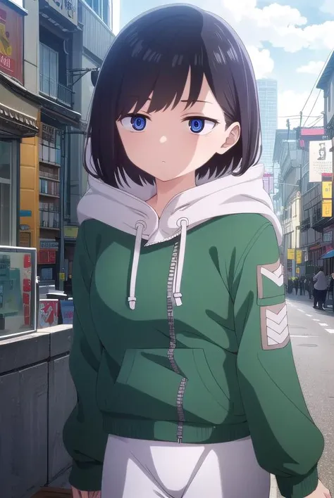 kanaichikawa, <lora:kana ichikawa s1-lora-nochekaiser:1>,
kana ichikawa, short hair, bangs, blue eyes, black hair, (ringed eyes:1.5),
BREAK jacket, hood, hoodie, hood down, drawstring,
BREAK outdoors, city, sun, sky, clouds,
BREAK looking at viewer, (cowboy shot:1.5),
BREAK <lyco:GoodHands-beta2:1>, (masterpiece:1.2), best quality, high resolution, unity 8k wallpaper, (illustration:0.8), (beautiful detailed eyes:1.6), extremely detailed face, perfect lighting, extremely detailed CG, (perfect hands, perfect anatomy),