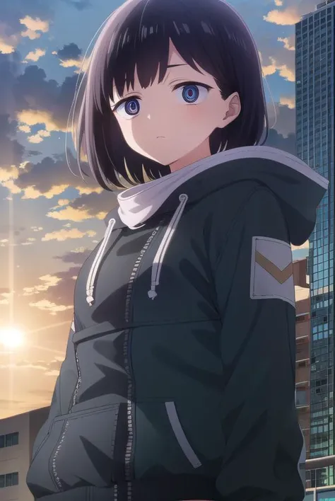 kanaichikawa, <lora:kana ichikawa s1-lora-nochekaiser:1>,
kana ichikawa, short hair, bangs, blue eyes, black hair, (ringed eyes:1.5),
BREAK jacket, hood, hoodie, hood down, drawstring,
BREAK outdoors, city, sun, sky, clouds,
BREAK looking at viewer, (cowboy shot:1.5),
BREAK <lyco:GoodHands-beta2:1>, (masterpiece:1.2), best quality, high resolution, unity 8k wallpaper, (illustration:0.8), (beautiful detailed eyes:1.6), extremely detailed face, perfect lighting, extremely detailed CG, (perfect hands, perfect anatomy),