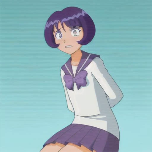 score_8_up,score_7_up, Kidnapped Cam, screencap, source_anime , 1girl, older teen, Madison, arms tied behind the back, short hair, purple eyes, purple eyebrows, black eyelids, purple hair, purple lipstick, <lora:Madison_TotallySpies_XL_Leaf1:1>, short sleeves, white shirt, purple sailor collar, purple bowtie, sailor fuku, white socks, purple mary jane shoes, panty shot, bra size, c cup breast, purple earrings, purple bra, playtex bra