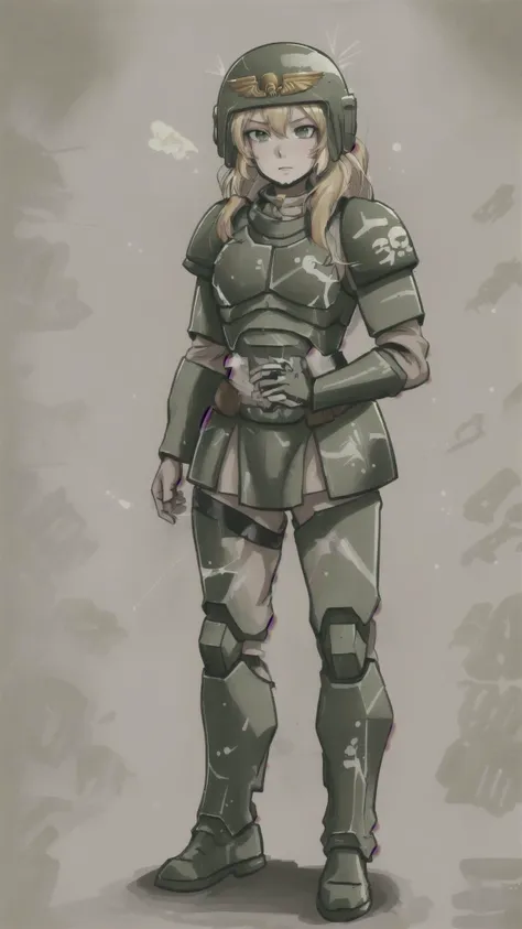 <lora:CadiaChanCitron:0.8> 1girl, blonde hair, long hair, astra militarum, helmet, green armor, skull print,