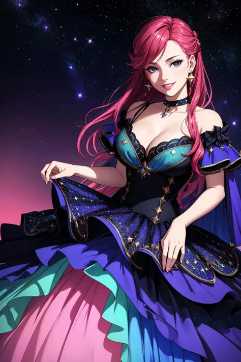 ((Masterpiece, best quality,edgQuality)),smile,smirk,gradient hair , choker,
aedgFD, a ballgown with a lot of stars on it,cosmic dress , woman wearing edgFD_ballgown, fantasy_dress,
<lora:edgFantasyGown:1>