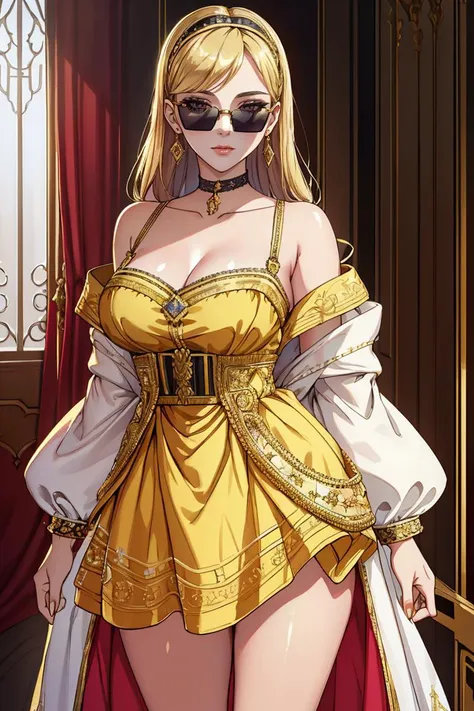 ((Masterpiece, best quality,edgQuality)),solo,1girl, Haute_Couture, golden embroidery,woman wearing a Haute_Couture edgHC_dress, standing, posing for a picture,short skirt <lora:edgHaute_Couture_MINI:1> (Blonde Nadia,sunglasses,choker) <lora:Ultimate_Nadia:0.5>