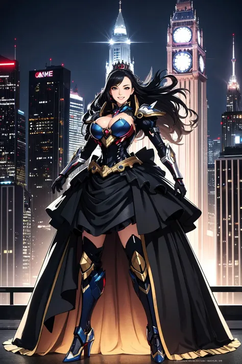 ((Masterpiece, best quality,edgQuality)),
smiling,excited, edgMecha, a woman in a ([mecha suit|ballgown]::0.5) standing in front of a city at night ,woman wearing a ballgown,crown,
<lora:edgRoboGown:1>