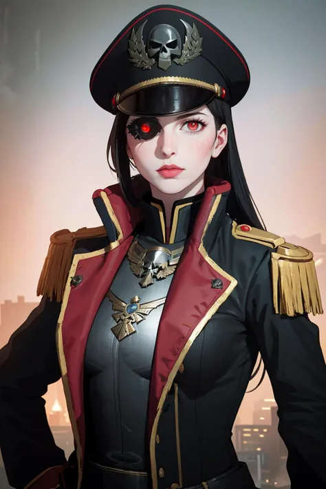 ((Masterpiece, best quality,edgQuality)),
edgCommissar, upper body, weapon, woman, uniform, glowing eyes, epaulettes ,wearing edgCommissar,((artificial eye)),skull emblem,millitary uniform,hat
<lora:edgWar40kCommissarv1 - Copie:1>