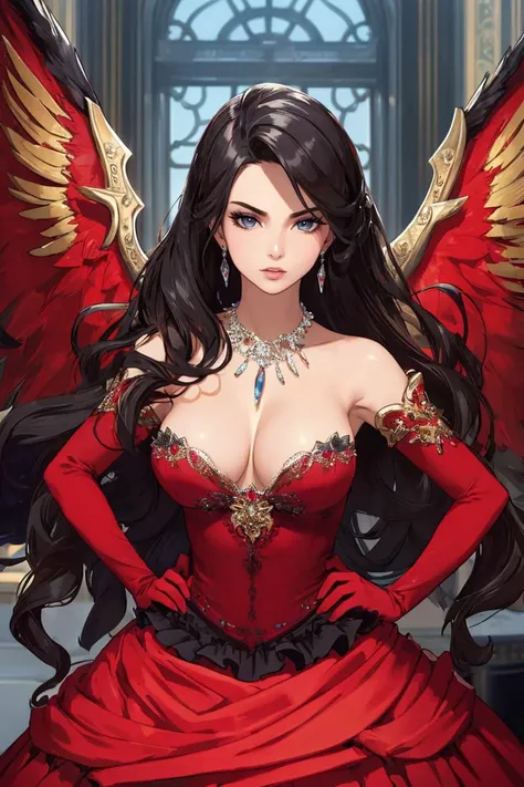 ((Masterpiece, best quality,edgQuality)),
ballgown,edgVS,  elbow gloves, necklace,  hands on hips ,wearing edgVS [lingerie|ballgown],wings
<lora:edgVAgowns:0.8>