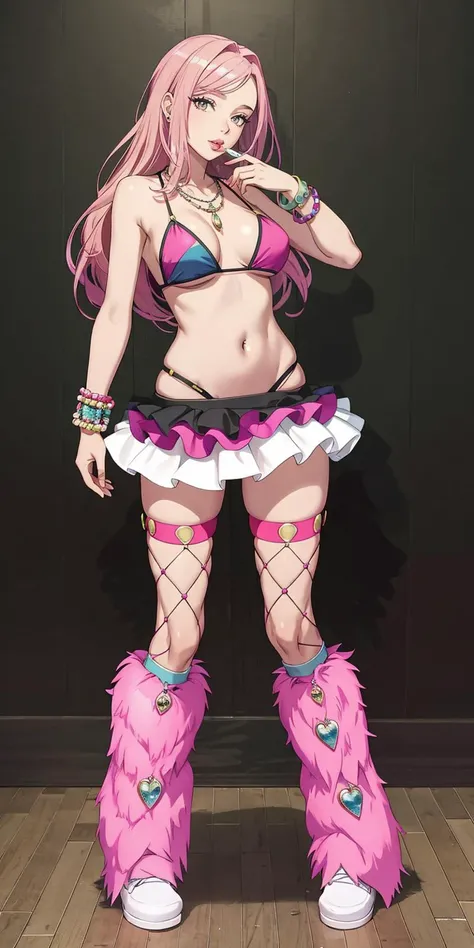 ((Masterpiece, best quality,edgQuality)), excited,full body picture,standing,
edgRavegirl, long hair, jewelry, pink hair, food, sleeveless, necklace, bracelet, lips, leaning forward, multicolored clothes, lollipop, realistic ,wearing edgRavegirl,fishnets,fur leg warmers,skirt,bikini top only
<lora:edgRaveGirls - Copie:1>