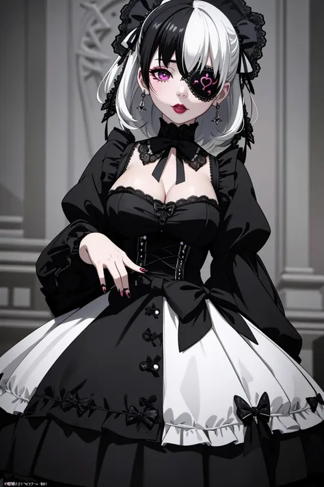 ((Masterpiece, best quality)), edgQuality,bimbo,glossy, GothGal, a woman in a black and white dress,ribbon,lace,goth print , eyepatch,woman wearing a GothGal outfit <lora:edgGothGal_MINI:1>