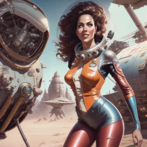 timeless style, retro style, masterpiece, best quality, 8k, uhd, dslr, soft lighting, film grain, Fujifilm XT3, artstation, wallpaper, official art, sharp focus, modelshoot style, RAW analog photo of a beautiful sexy barbarella from dynamite comic, (wear skimpy red latex sci-fi astronaut catsuit:1.2), perfect face, perfect eyes, in sci-fi space, by greg rutkowski, viktoria gavrilenko, howard lyon and Frank Frazetta
