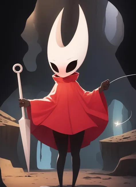 hornet, cute, chibi, no feet, furry female, anthro, needle weapon, (thread:1.2), standing, solo, red cloak, (best quality), (detailed dark cave background:1.2), looking at viewer, flat colors, black skin, <lora:hornet-v1:1>