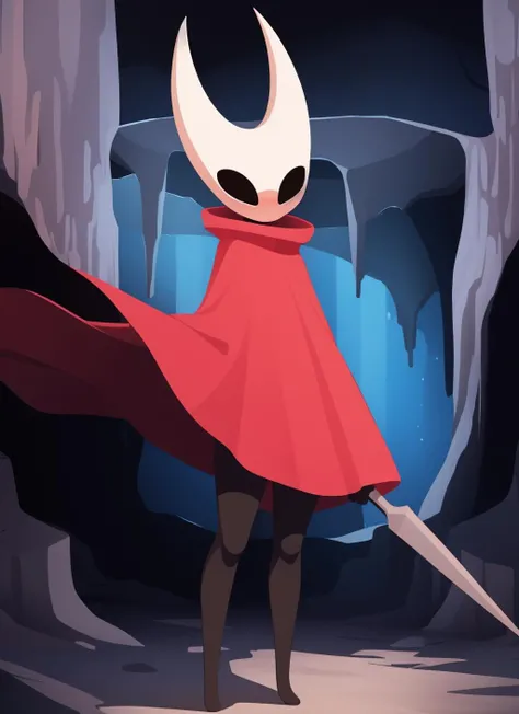 hornet, cute, chibi, no feet, furry female, anthro, needle weapon, thread, standing, solo, red cloak, (best quality), (detailed dark cave background:1.2), looking at viewer, holding weapon, flat colors, <lora:hornet-v1:1>