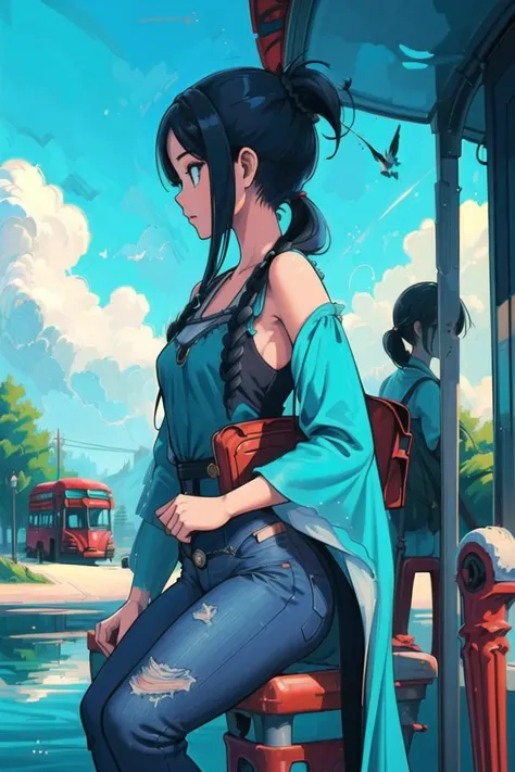 girl, (hotify:1.2), (fantasy:1.4), (Dawn,Bus Stop Background:1.4),Hourglass Figure,Voluptuous,(spread legs),Long Hair,Pigtails,(aquamarine Kaftan,scarlet Jeans:1.3),azur lane,Leggings ,(masterpiece,detailed,highres:1.4) <lora:whale:0.6>