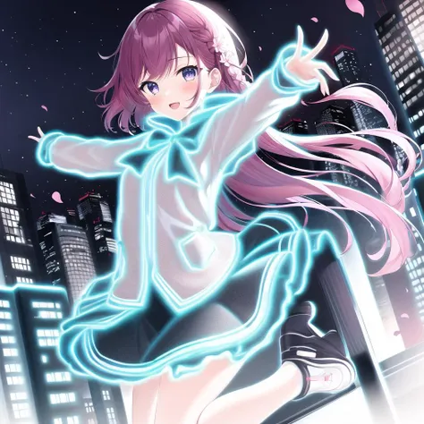 masterpiece, 1girl, <lora:nlc_blue:1.5>, open arms, jumping, night,city, microskirt,