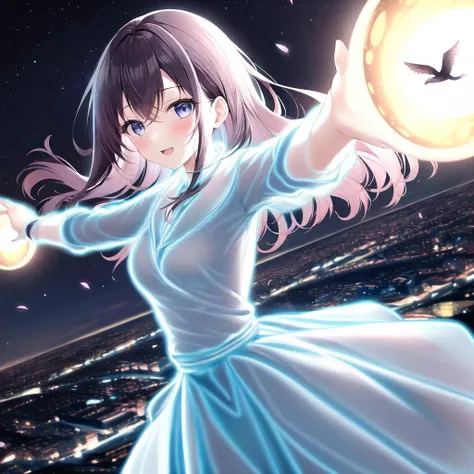 masterpiece, 1girl, <lora:nlc_blue:1.5>, open arms, flying, night, city, formal dress