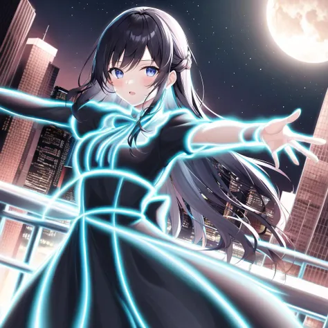 masterpiece, 1girl, <lora:nlc_blue:1.5>, open arms, flying, night, city, formal dress