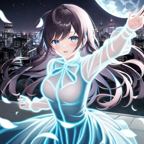 masterpiece, 1girl, <lora:nlc_blue:1.5>, open arms, flying, night, city, formal dress