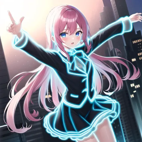 masterpiece, 1girl, <lora:nlc_blue:1.5>, open arms, jumping, night,city,microskirt,
