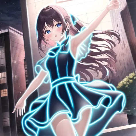 masterpiece, 1girl, <lora:nlc_blue:1.5>, open arms, dancing, night, city, cute dress