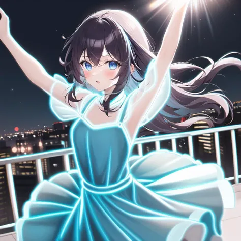 masterpiece, 1girl, <lora:nlc_blue:1.5>, open arms, fighting, night, city, cute dress