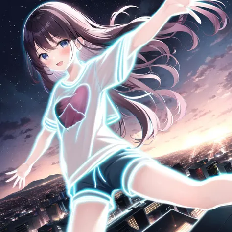 masterpiece, 1girl, <lora:nlc_blue:1.5>, open arms, flying, night, city, wearing tshirt and shorts