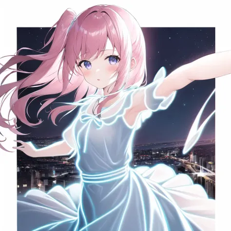 masterpiece, 1girl, <lora:nlc_blue:1.5>, open arms, flying, night, city, cute dress