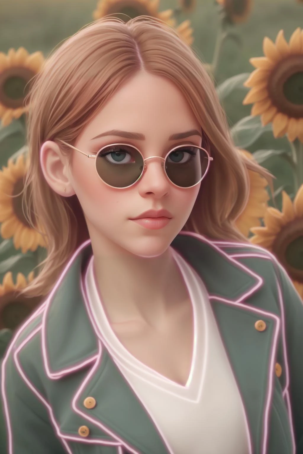 portrait, beautiful eyes, large lips, looking at viewer  <lora:neon clothing_pink:2>, jacket, freckles, sunglasses, green meadow, sunflowers