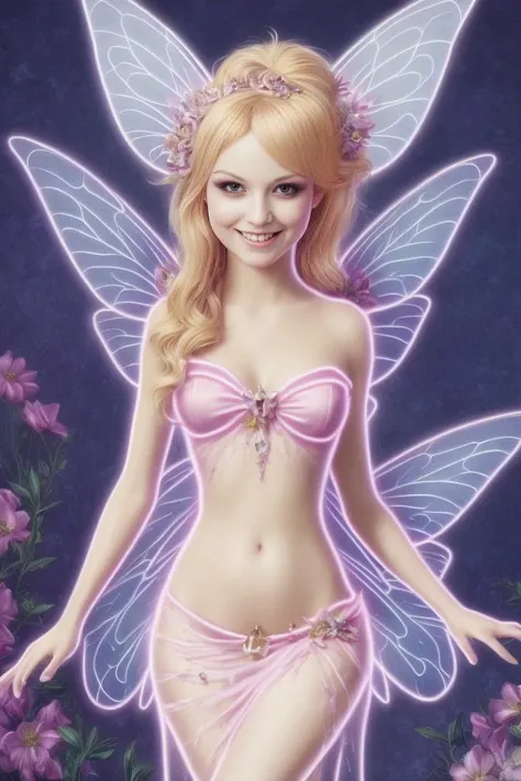 fairy, smile, <lora:NeonLightClothes_pink:1.50>, highres, masterpiece