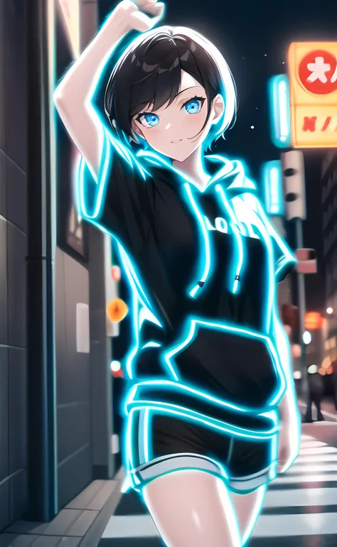 1girl, dynamic pose, short hair, black hair, blue eyes, black hoodie, short sleeves, black shorts, outdoors, city, street, night, night sky <lora:nlc_blue:1.5>