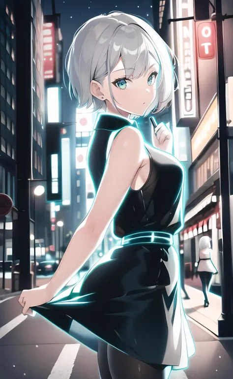 A slender girl in a short dress stands in full growth against the background of a night city of the 23rd century